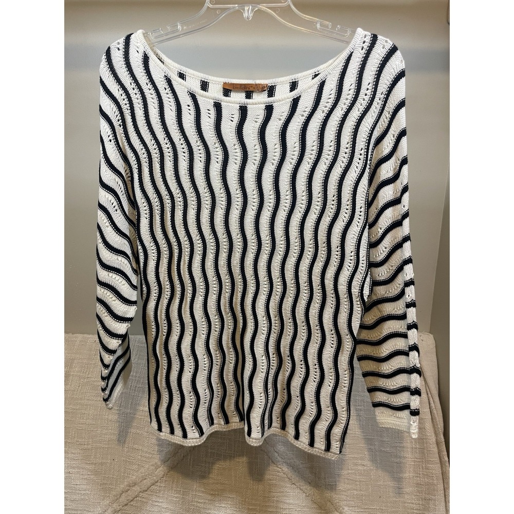 Belldini Black & White Wavy Striped Ribbed Crochet Knit Sweater Women's M Scoop